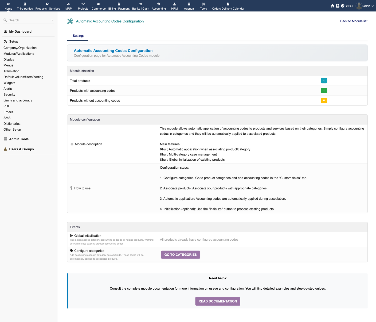 Dolibarr Accounting Codes - Category Configuration