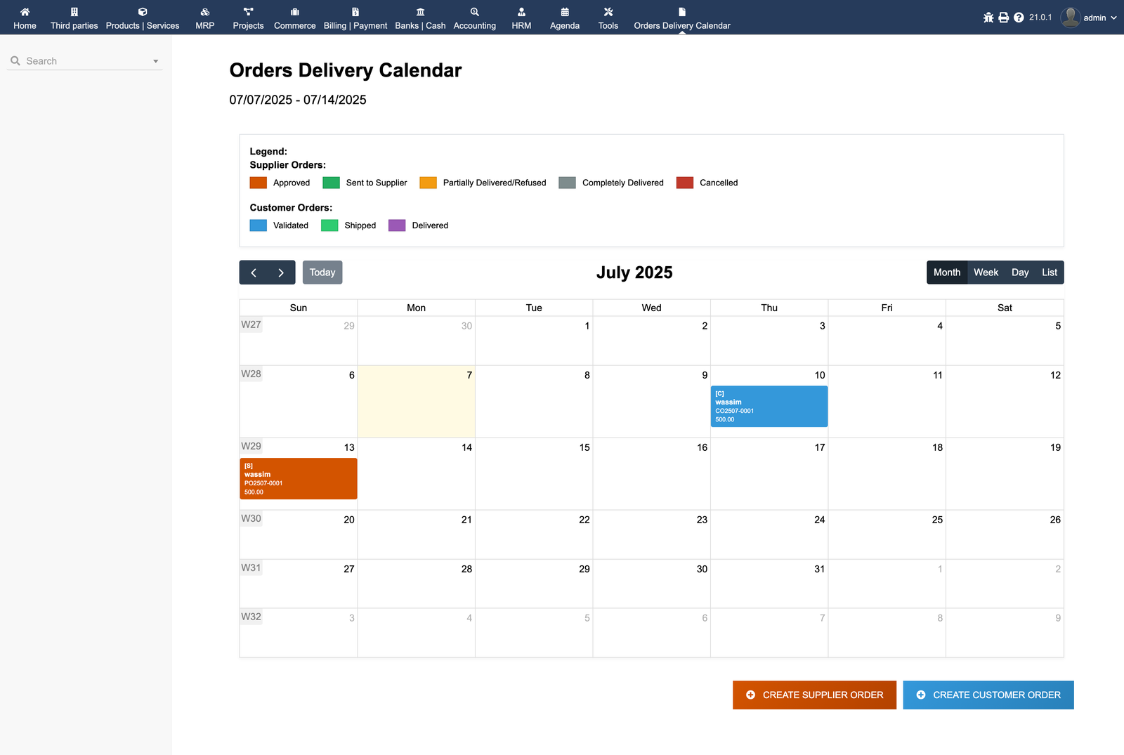 Dolibarr Delivery Calendar - Main Calendar View
